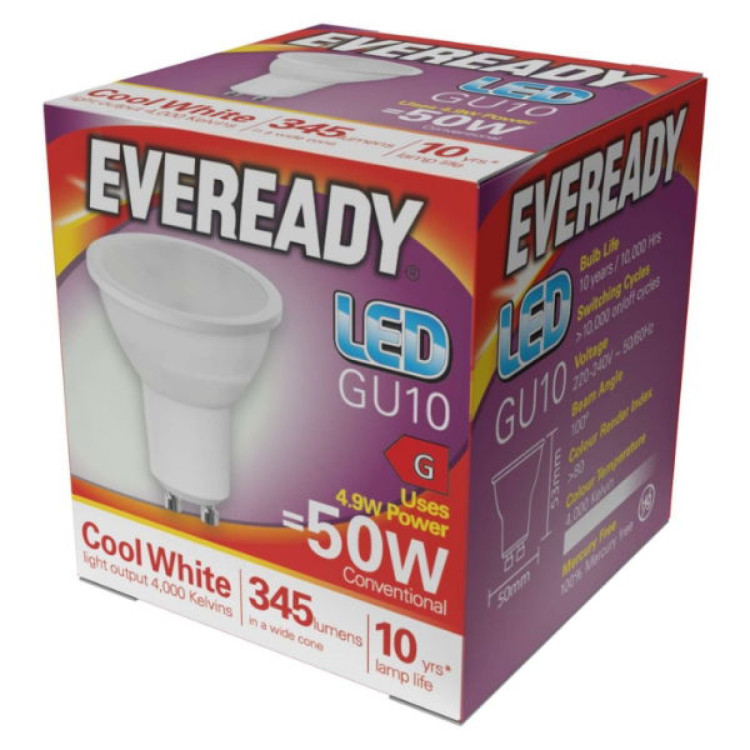 Eveready LED GU10 320lm 4.7W 4,000K (Cool White), Box of 1