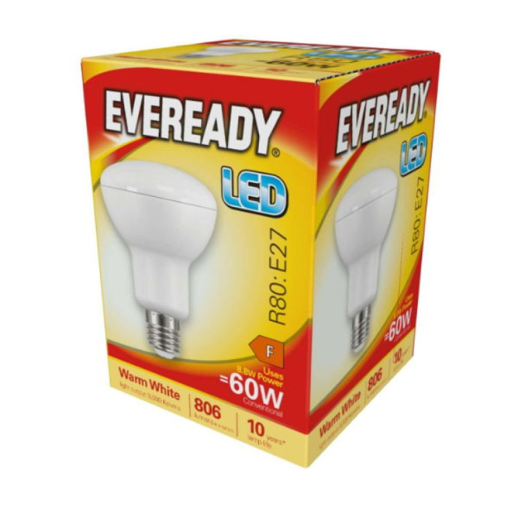 Eveready LED R80 Reflector E27 (ES) 806lm 8.8W 3,000K (Warm White), Box of 1
