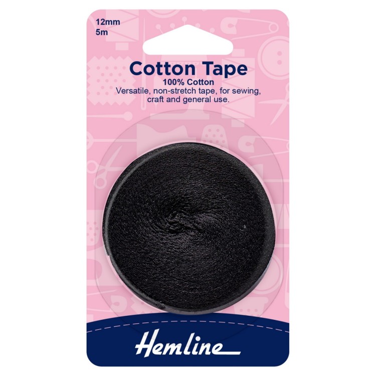 Hemline Cotton Tape: 5m x 12mm: Black
