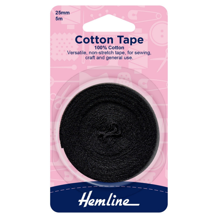 Hemline Cotton Tape: 5m x 25mm: Black