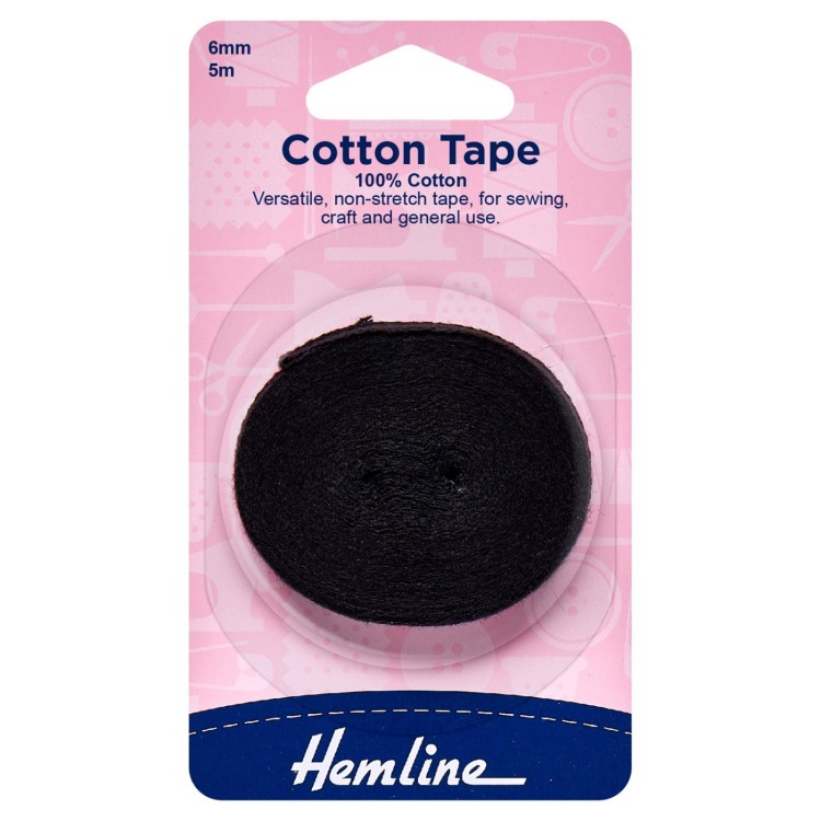 Hemline Cotton Tape: 5m x 6mm: Black