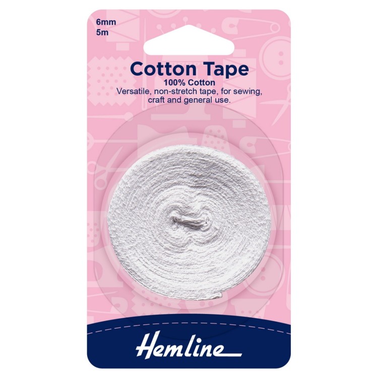Hemline Cotton Tape: 5m x 6mm: White