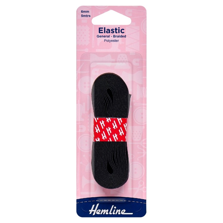 Hemline General Purpose Braided Elastic: Black: 5m x 6mm: Black