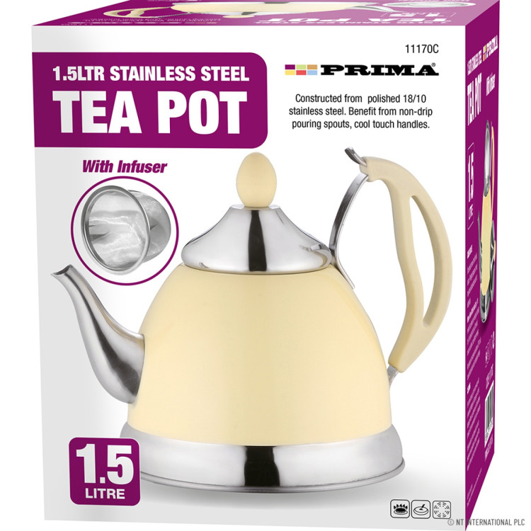 Prima  1.5L S/S Teapot in Cream & Chrome