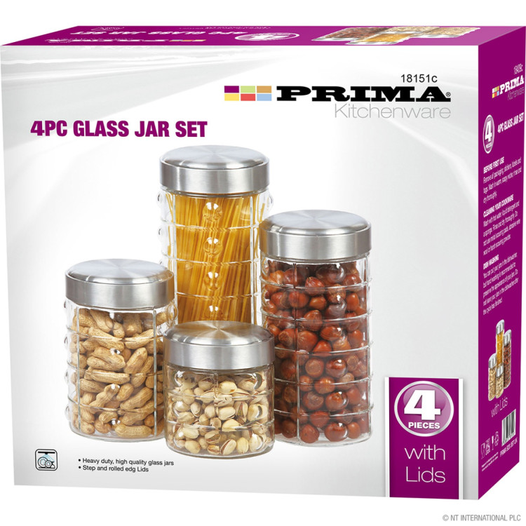 Prima  4pc Glass Jar Set W/Aluminium Lids - Round