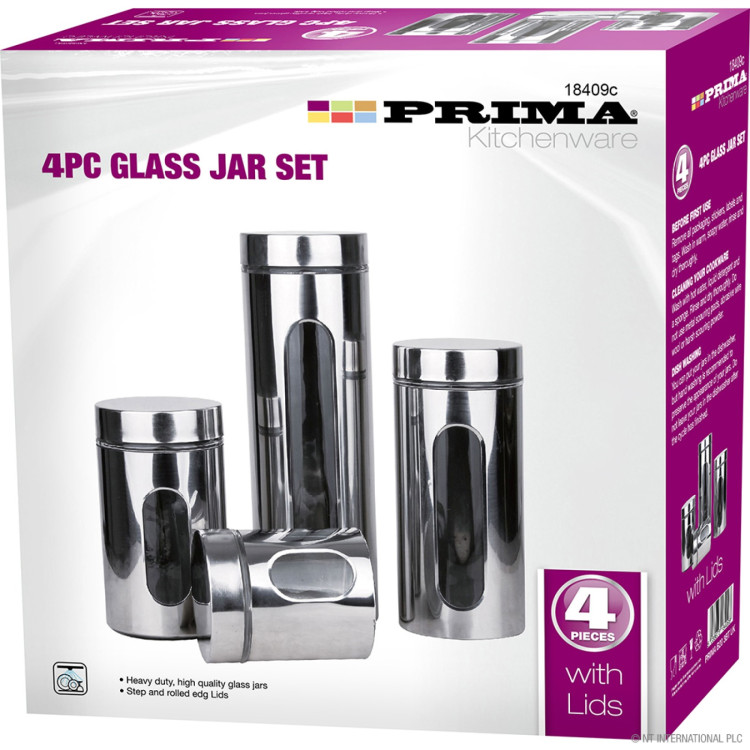 Prima  4pc S/S Glass Jar Set - Large