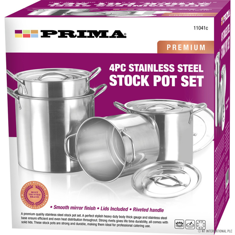 Prima 4pc S/S Stock Pot Set - 8, 12, 16 & 20qt