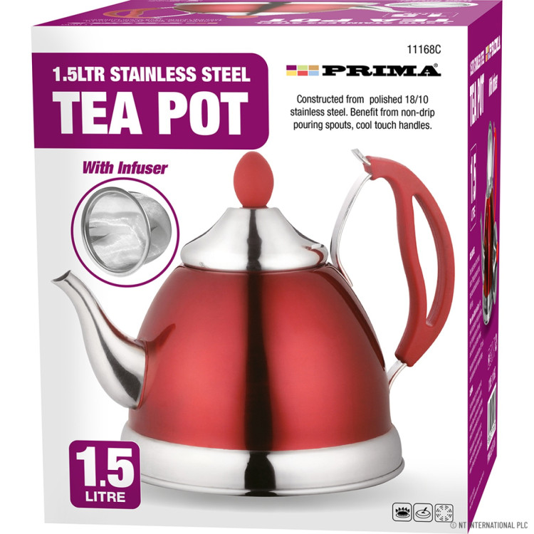 Prima 1.5L S/S Teapot In Red & Chrome