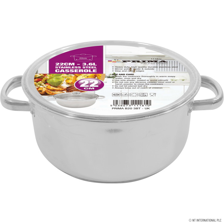 Prima 22cm S/S Casserole Induction Base With Glass