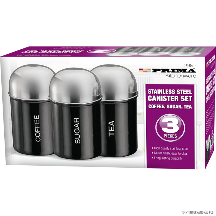 Prima 3pc Canisters Set Black - Coffee / Tea / Sug