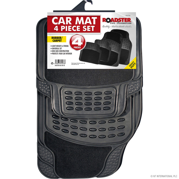 Rubber Car Mat with Carpet - Black 4pc 