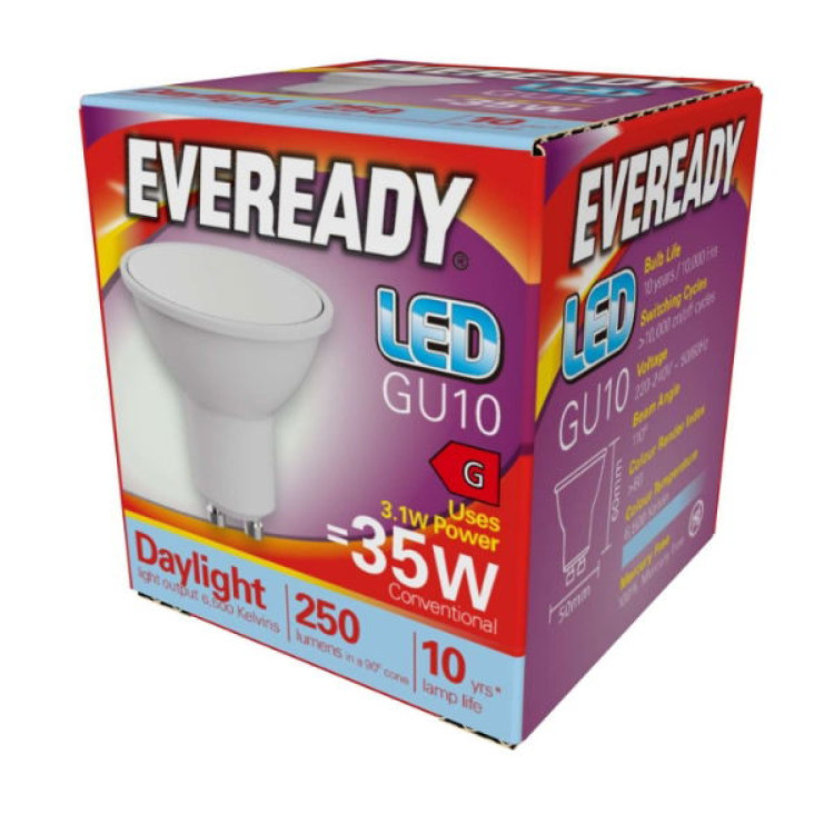 Eveready LED GU10 250lm 3.1W 6,500K (Daylight), Box of 1