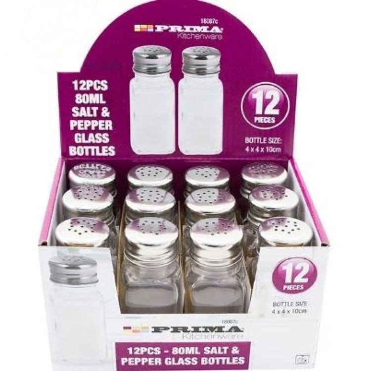 Prima 80ml Salt & Pepper Glass Bottle Dispensers 12pc CDU