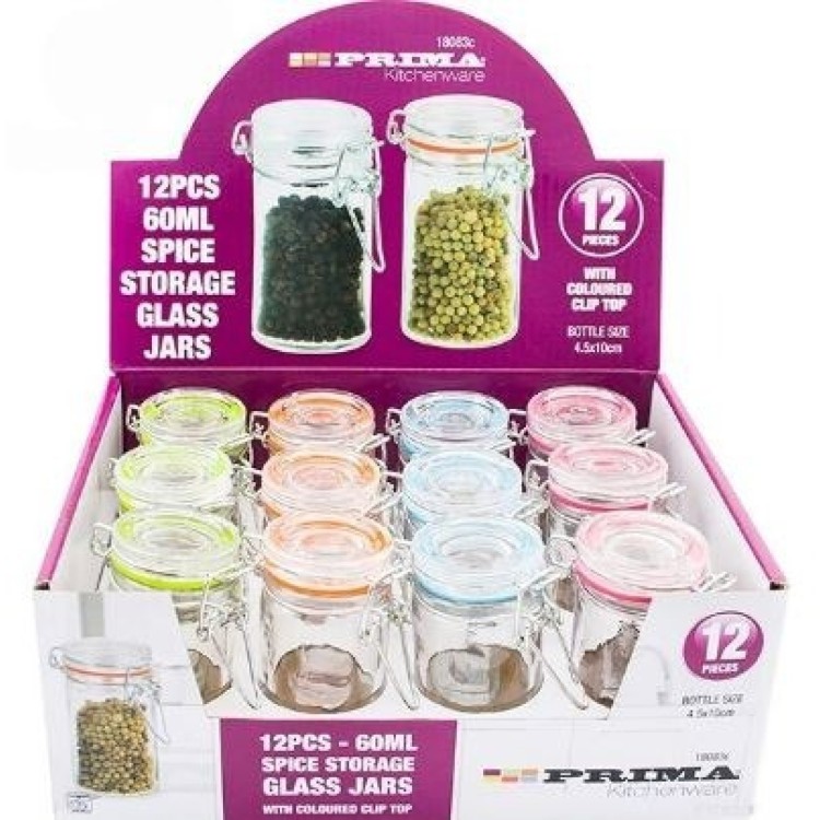 Prima 60ml Spice Storage Glass Jars Assorted 12pc CDU