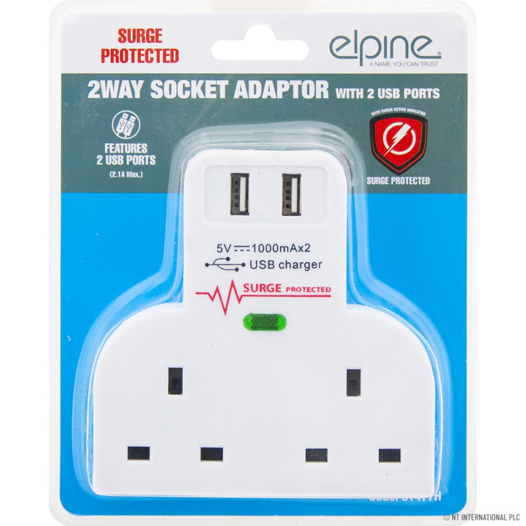 Surge Protected 2 Way Adaptor with USB Sockets