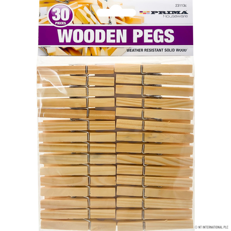  Prima 30pc Wooden Clothes Pegs - Flat Pack